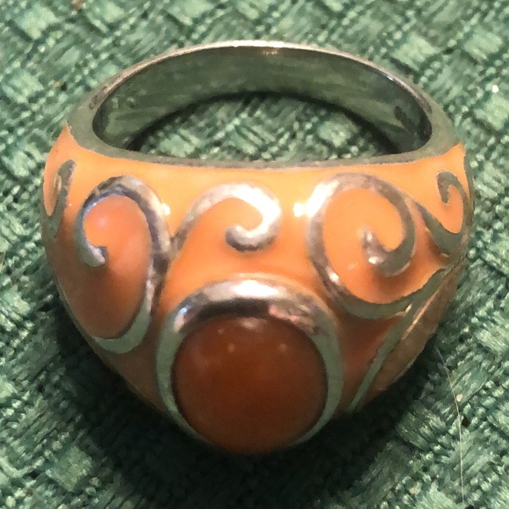 Carnelian enamel sterling dome ring, size 5 3/4